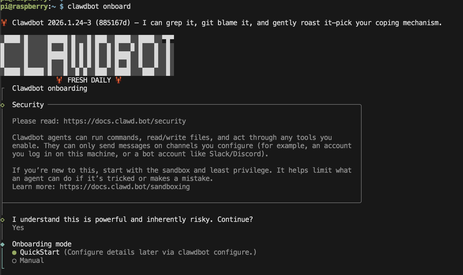OpenClaw onboarding welcome screen