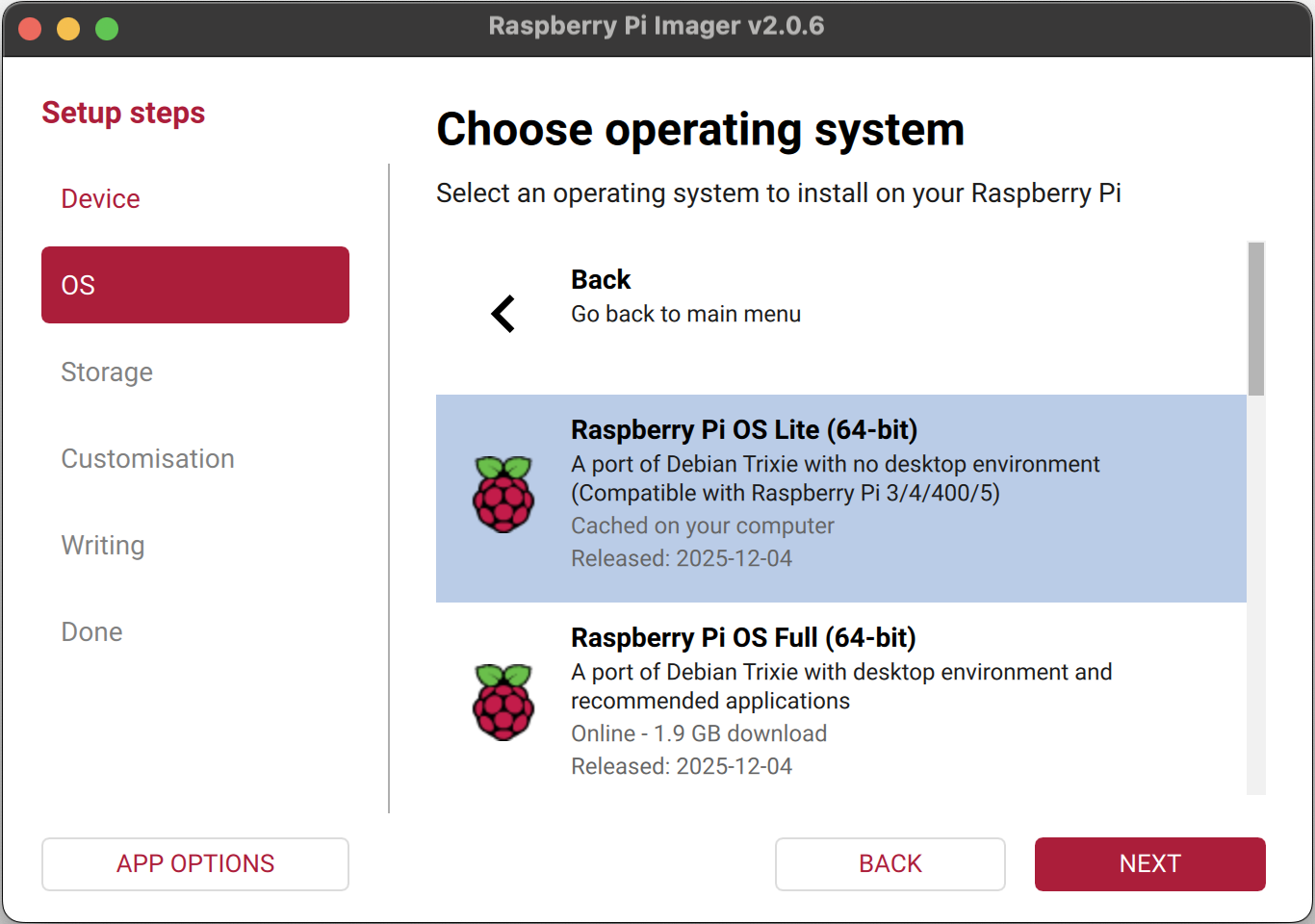 Selecting Raspberry Pi OS Lite in the imager