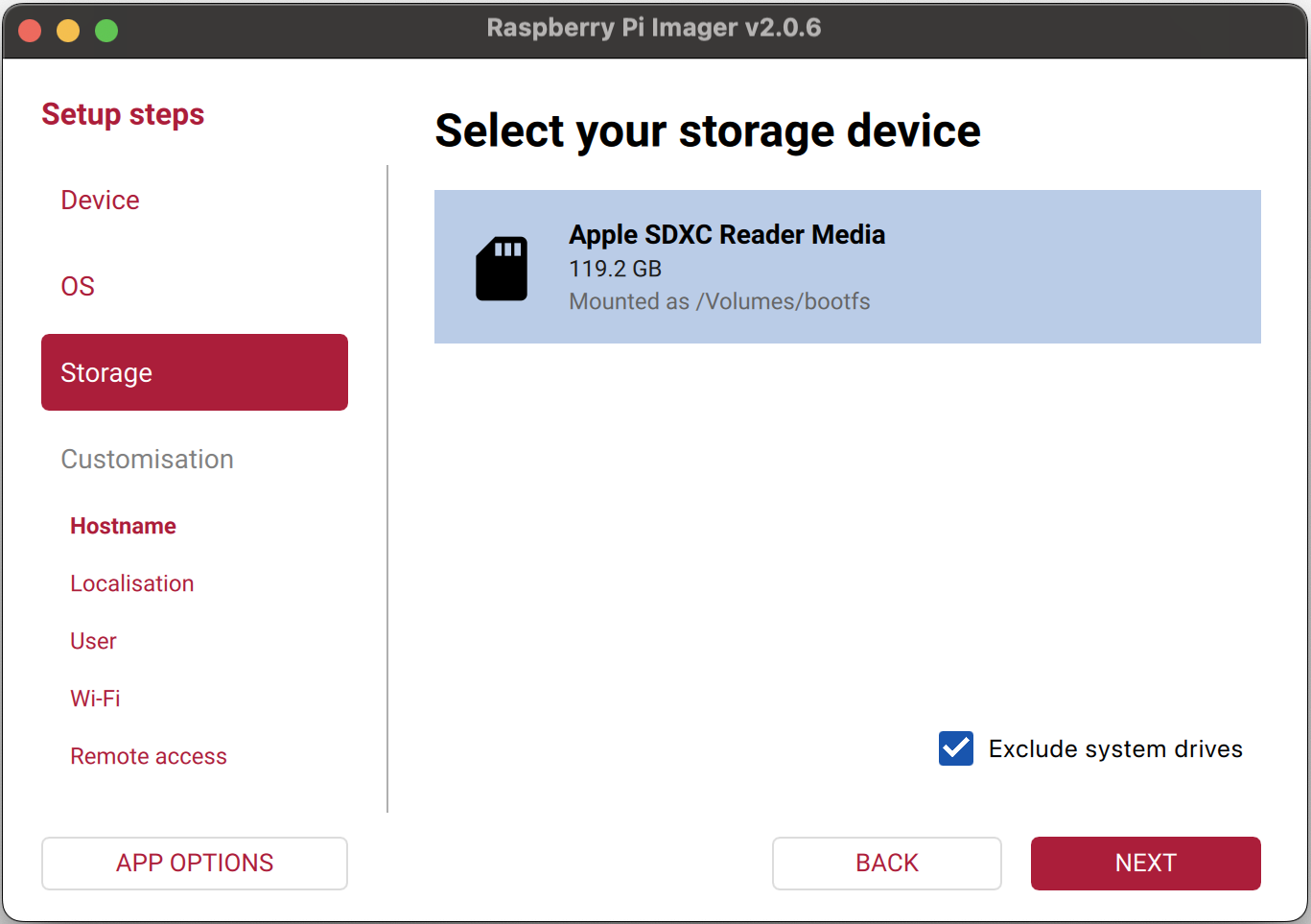 Selecting the SD card