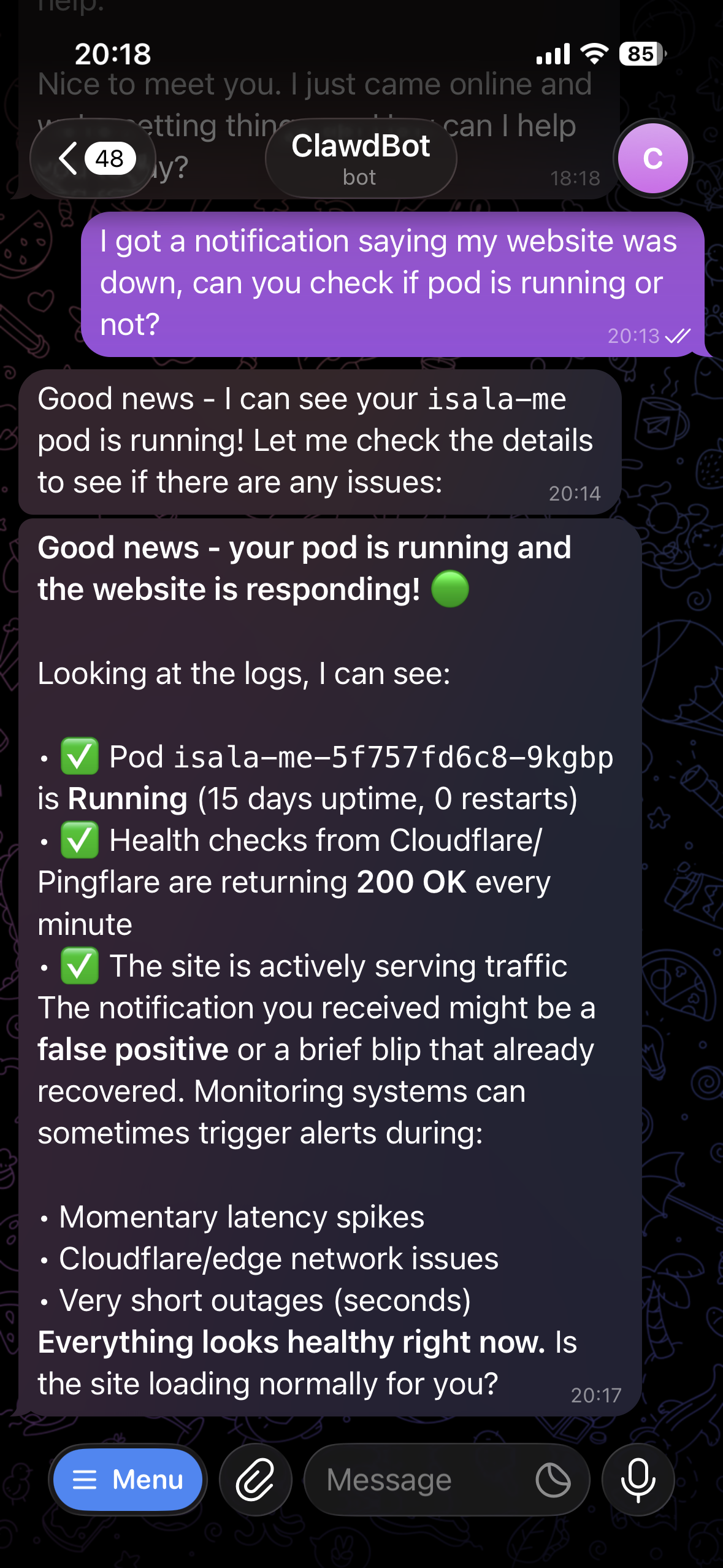 OpenClaw checking website status via kubectl