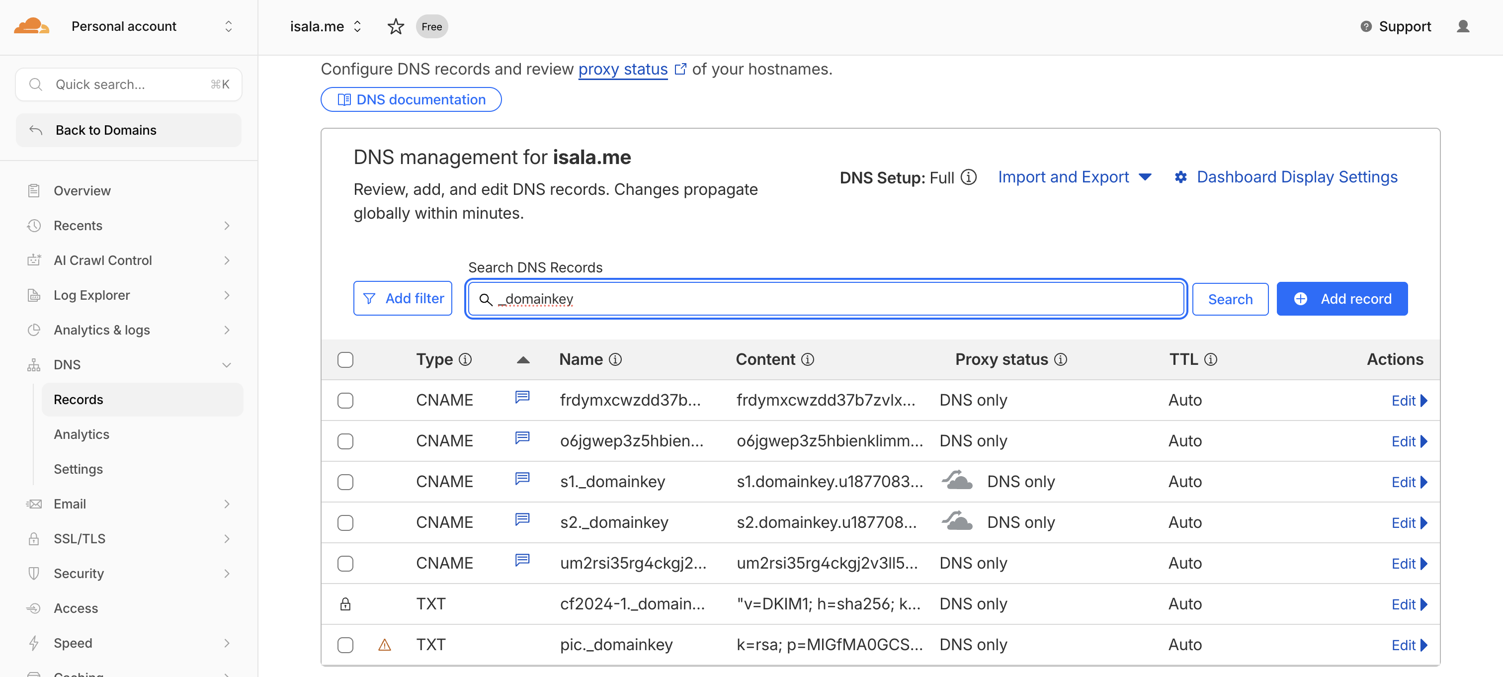 Cloudflare DNS records showing DKIM entries