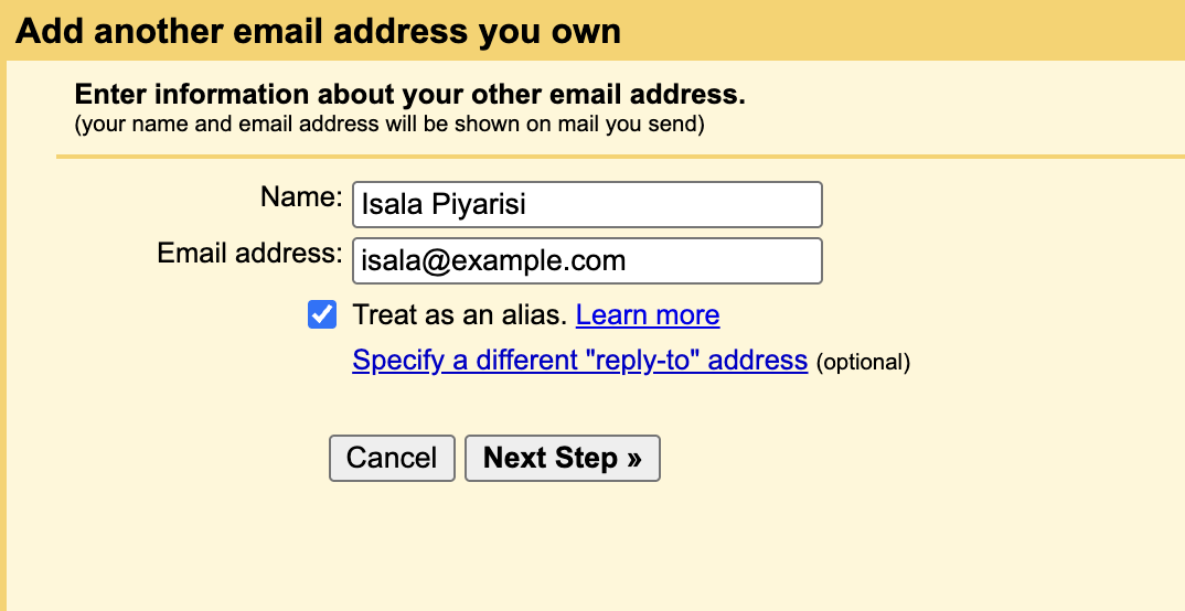 Gmail add email address dialog