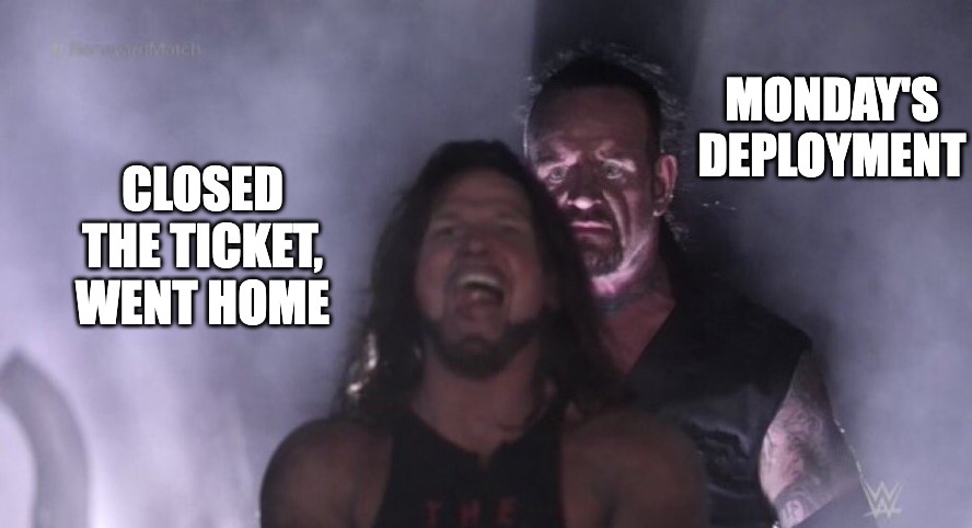 Closed the ticket, went home. Monday's deployment.